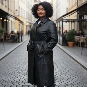 Vintage Real Leather Trench Coat with Belt – Black Longline XL